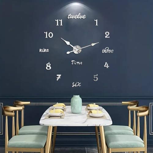 Modern Frameless Large Wall Clock Battery Operated 3D Mirror Big DIY Decorative Wall Clocks for Living Room Decor (Silver) - color: Silver