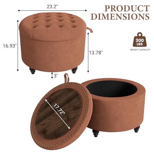24 Inch Round Storage Ottoman,Modern Tufted Ottomans,Circular Coffee Table with Removable Top,Upholstered Large Ottoman with Storage Footrest Stool for Bedroom Living Room (Orange) - color: Orange, size: 24"D x 24"W x 16.9"H