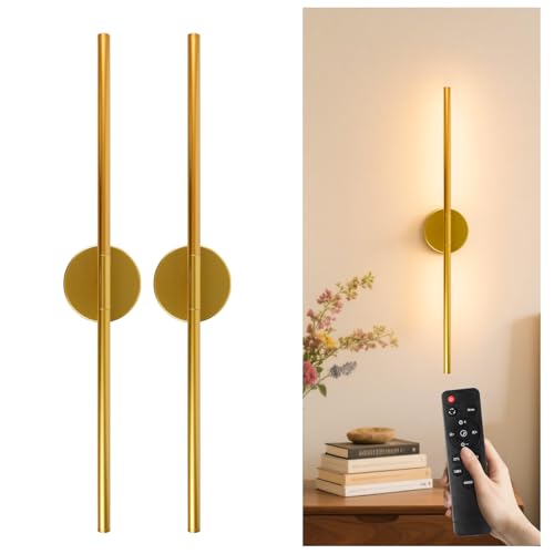Rechargeable Wall Light Set of 2 Wireless Dimmable Detachable Wall Lamp | Battery Operated Wall Sconces 10000mAh with Remote Control 3000-6500K for Bedroom Living Room 28.3" Gold - color: Gold-Round Base, size: 2 Pack