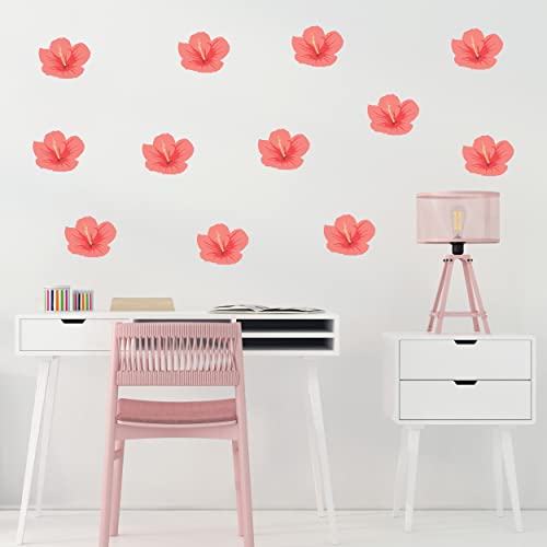 Decalcomania Hibiscus Flower Wall Decals - Set of 12 Pink Tropical Wall Stickers for Nursery Bedroom Bathroom Living Room Decor Removable Peel and Stick Indoor Wall Decor - color: Hibiscus