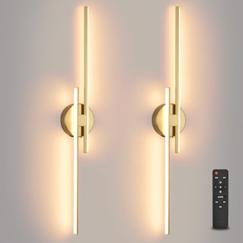 Battery Operated Wall Sconce Set of 2,Gold 31.4" 3000K-6500K LED Dimmable Wall Sconces with Remote Control,Wireless Wall Light USB Rechargeable for Bedroom Hallway Living Room Background Wall Lighting - color: Gold, size: 31.4" 2-Pack
