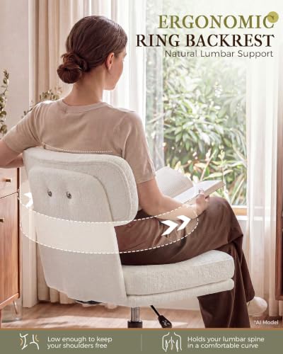 COMHOMA Home Office Desk Chairs with Ergonomic Curved Backrest, Mid Century Modern Vanity Chair with Wheel for Bedroom, Chenille Upholstered, White - color: White, Chenille