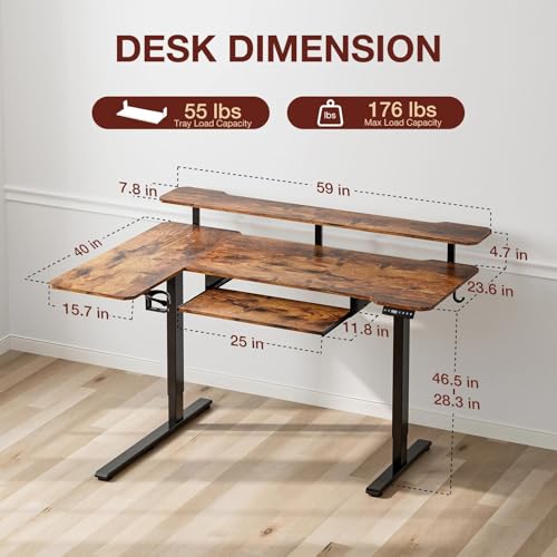 59 Inch L Shaped Standing Desk with Shelves and Keyboard, Electric Corner Standing Desk Adjustable Height, Sit Stand Computer Table with Reversiable Splice Board，Rustic Brown