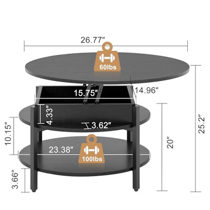 FABATO 26.77” Round Lift Top Coffee Table with Storage, Black | Farmhouse Coffee Table, 2 Tier Small Round Center Table, Center Table for Living Room, Circle Dining Table - color: Black