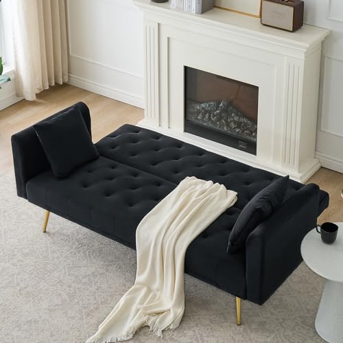 71" Modern Velvet Sofa Bed Futon, Convertible Sleeper Couch, Adj. Backrest | Tufted Recliner Loveseat Design with Golden Chrome Legs & 2 Pillows, Perfect for Small Spaces, Living Room, Apartment - color: Black