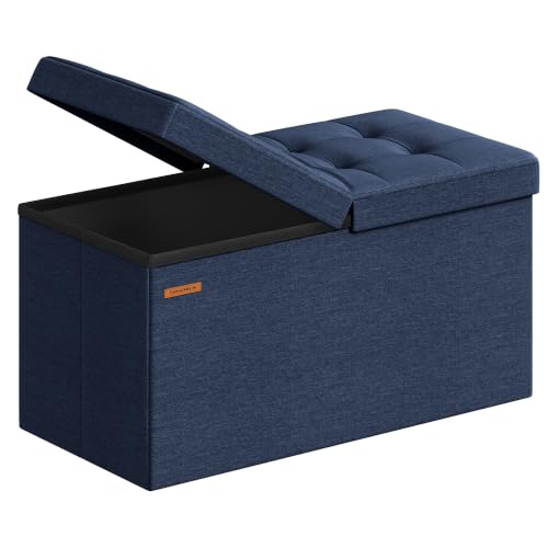 SONGMICS Mazie Collection - 30 Inches Storage Ottoman, Foldable Storage Bench with Flipping Lid, 660 lb Load Capacity, for Entryway, Living Room, Bedroom, Midnight Blue ULSF046Q02 - color: Midnight Blue, size: 15"D x 30"W x 15"H, style: Modern