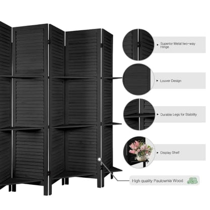6 Panel Room Divider with Shelves | Freestanding Wooden Louvered Privacy Screen, Built‑in Display Shelves, Foldable Hinges, Black - color: Black-6 Panel, size: 6 Panel