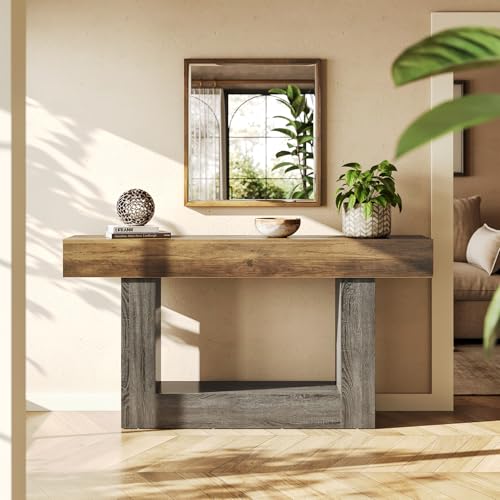 LITTLE TREE 63 Inches Long Console Table, 2-Tier Farmhouse Sofa Table Behind Couch, Large Narrow Entryway Table for Living Room, Wooden Hallway Foyer Table with Heavy Duty Base, Rustic Brown and Grey - color: Rustic Brown and Grey