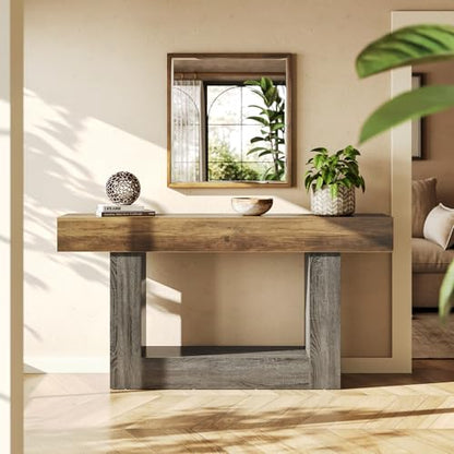 LITTLE TREE 63 Inches Long Console Table, 2-Tier Farmhouse Sofa Table Behind Couch, Large Narrow Entryway Table for Living Room, Wooden Hallway Foyer Table with Heavy Duty Base, Rustic Brown and Grey - color: Rustic Brown and Grey