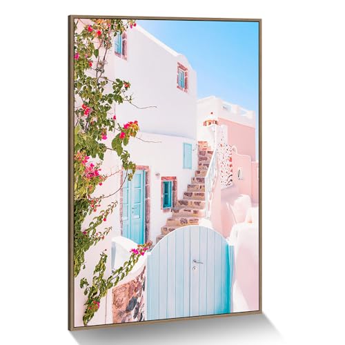 Modern City Scenery Canvas Painting: Framed Santorini Blue White Building Prints Greece Town Street Artwork Romantic Nature Landscape Wall Art Blossom Florals Plant Picture for Bathroom - color: Santorini, size: 36"L x 24"W