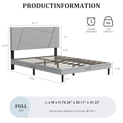 Full Size Upholstered Bed Frame Frame with Headboard，Velvet Gray | Geometric Head Board Platform Bed, Sturdy Wooden Slats, Noiseless No Box Spring Required, Easy to Assemble - color: Light Gray, size: Full