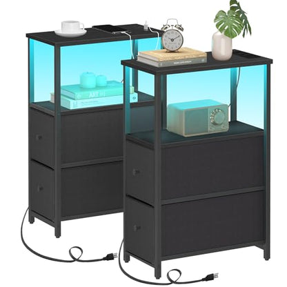 TUTOTAK Narrow LED End Table with Charging Station, Skinny Side Table | Bedside Table with Outlets, Nightstand with 2 Cloth Drawers, Couch Table for Living Room, Bedroom, Black TB01BK056 - color: Black, style: 2 Drawers with Plug & Light