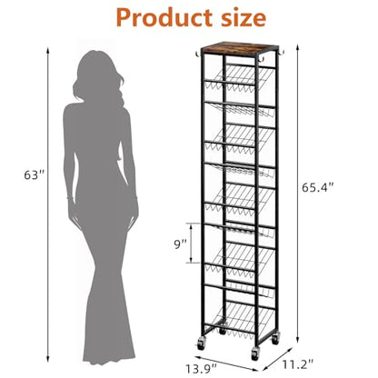 10 Tier Rotating Vertical Shoe Rack Tower, Wooden Tall Shoe Storage Organizer with Hooks, Sturdy Metal Narrow Shoe Shelf for 20 Pairs, Space Saving Rack for Closet Entryway, Rustic Brown - size: 10-tier(13.9 × 11.2 × 65.4)