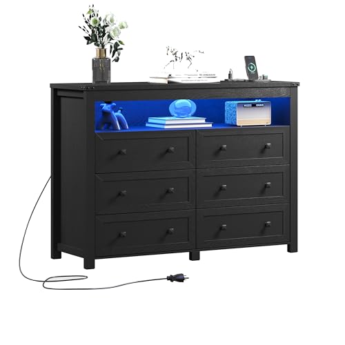 Black Dresser 6 Drawer Dressers for Bedroom with LED Lights, Charging Station, Wood Chest of Drawers with Metal Handles, Modern TV Stand Storage Cabinet for Living Room, Hallway, Entryway - color: Black, style: LED 6 Drawers