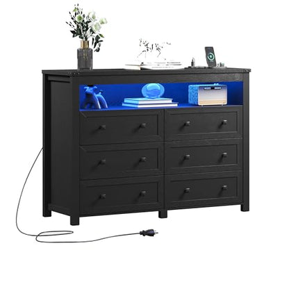 Black Dresser 6 Drawer Dressers for Bedroom with LED Lights, Charging Station, Wood Chest of Drawers with Metal Handles, Modern TV Stand Storage Cabinet for Living Room, Hallway, Entryway - color: Black, style: LED 6 Drawers