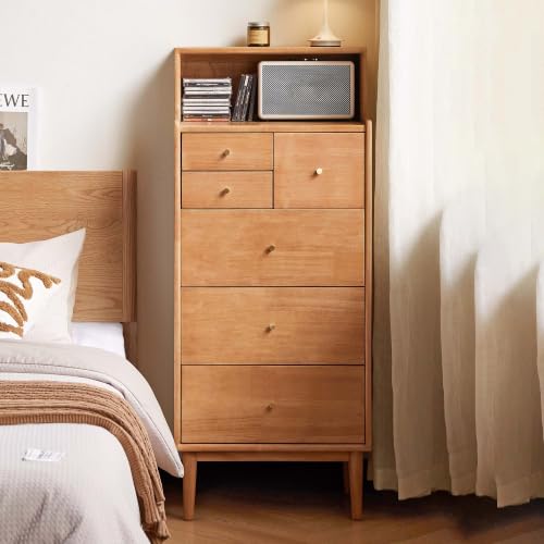 100% Solid Wood Nightstand, 6 Drawer Natural Side Table with Open Shelve, Tall Nightstand for Small Spaces, Living Room, Bedroom, Hallway(Natural, 19" W x 15" D x 47" H) - color: Natural, size: 47" H