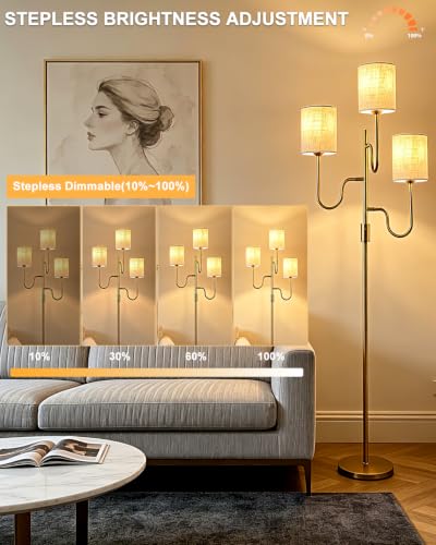 Lightdot 63IN Gold Floor Lamp Dimmable 3-Lights LED Floor Lamps with Cylinder Fabric Shade& Warm White Bulb for Wedding/Party 3-Arm Standing Tall Lamp for Living Room/Bedroom/Sofa Beside/Corner Decor - color: 3 Cylinder-Gold Arm