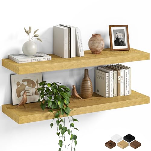 Fun Memories Floating Shelves for Wall, 30 Inch Set of 2 Rustic Wood Wall Shelves with Invisible Brackets, Heavy Duty Storage Display for Living Room Bedroom Kitchen, Oak - color: Oak, size: 30"W x 6.5"D, Set of 2