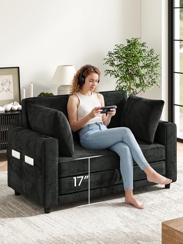 51" Loveseat Convertible Sofa Bed with Cup Holder, Small Couch 2 in 1 Pull Out Sleeper Couch, Floor Folding Couch Sofa with Two Pillows for Living Room, Apartment, Dorm (Black) - color: Black