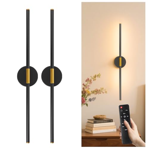 Rechargeable Wall Light 28.3" Detachable 360°Rotation with Remote Set of 2 | Battery Operated Wall Sconces 3000-6500K LED Wall Lamp for Bedroom Hallway 10000mAh Black Gold - color: Black-Round Base, size: 2 Pack