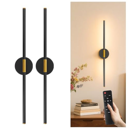 Rechargeable Wall Light 28.3" Detachable 360°Rotation with Remote Set of 2 | Battery Operated Wall Sconces 3000-6500K LED Wall Lamp for Bedroom Hallway 10000mAh Black Gold - color: Black-Round Base, size: 2 Pack