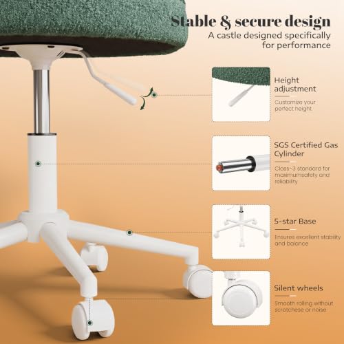 DurayLoly Vanity Chair with Wheels,Open Back,Armless,Green | Soft Teddy Fabric, 6" Thick Cushion, Height Adjustable, 300 lbs, 360° Swivel for Vanity Table, Home Office - color: Green