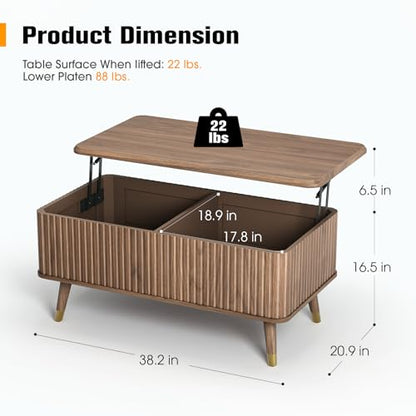 SULIVES Lift Top Coffee Table with Storage,Fluted Coffee Table with Lifting Top,Mid Century Modern Center Table with Solid Wood Legs,Small Coffee Tables for Living Room,Walnut - color: Walnut_rectangular