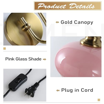 KCO Lighting Modern Pink Glass Wall Light Set of 2 Plug in Antique Brass Wall Sconce Pink and Gold Wall Sconces Bathroom Vanity Light Fixtures Plug in - color: Pink-2PC