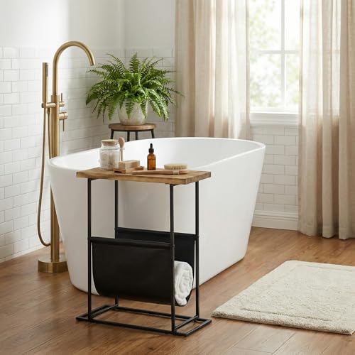 MyGift 21-Inch Modern Narrow Living Room End Table with Solid Burnt Wood Tabletop and Black Metal Frame, Bedroom Nightstand Side Table with Magazine Holder Sling