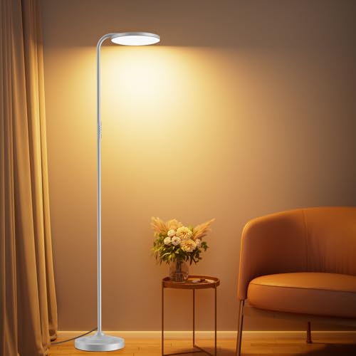 36W LED Floor Lamp, Super Bright Standing Lamp, Modern Stepless Dimmable Torchiere Tall Lamp with Remote Control, 350°Rotating Head Reading Floor Lamp for Living Room, Bedroom, Office - color: Silver