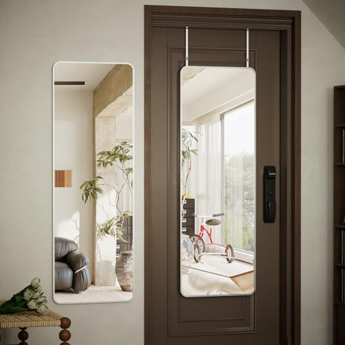 BEAUTYPEAK Over The Door Mirror Full Length 14" x 48", Silver | Shatterproof Tempered Glass and Aluminum Alloy Frame, No-Drilling Hanging or Wall Mount, Full Body Mirror for Bedroom, Dorm - color: Re-silver, size: 48"L x 14"W