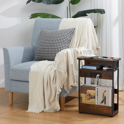 Narrow Side Table With Charging Station, 3-Tier End Table with 2 USB Ports & Power Outlets,Thin Sofa Side Table for Narrow and Small Spaces, Bedside Table Nightstand for Living Room,Rustic Brown - color: Rustic Brown
