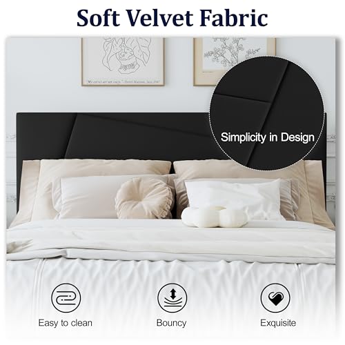 Full Size Upholstered Bed Frame Frame with Headboard，Velvet Black | Geometric Head Board Platform Bed, Sturdy Wooden Slats, Noiseless No Box Spring Required, Easy to Assemble - color: Black, size: Full