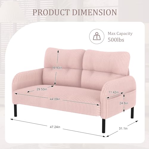 47" Pink Small Loveseat Sofa, 2-Seater Upholstered Cloud Couches | Corduroy Small Couch for Small Spaces, Mini Couches Love Seats with Wood Legs for Living Room, Bedroom, Apartment - color: Pink