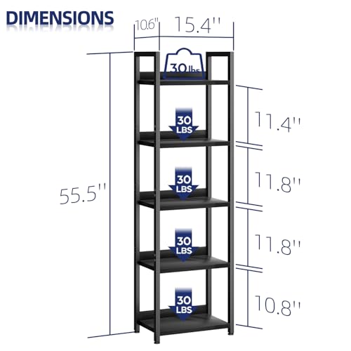NUMENN Narrow Bookshelf, 5 Tier Bookshelves, Home Office Bookcase Shelf Storage Organizer, Free Standing Storage Shelving Unit for Bedroom, Living Room and Home Office, Black | Metal Frame & Wood Shelves, Falling Prevention Baffle, Open Storage Bookcase f