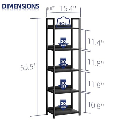 NUMENN Narrow Bookshelf, 5 Tier Bookshelves, Home Office Bookcase Shelf Storage Organizer, Free Standing Storage Shelving Unit for Bedroom, Living Room and Home Office, Black | Metal Frame & Wood Shelves, Falling Prevention Baffle, Open Storage Bookcase f