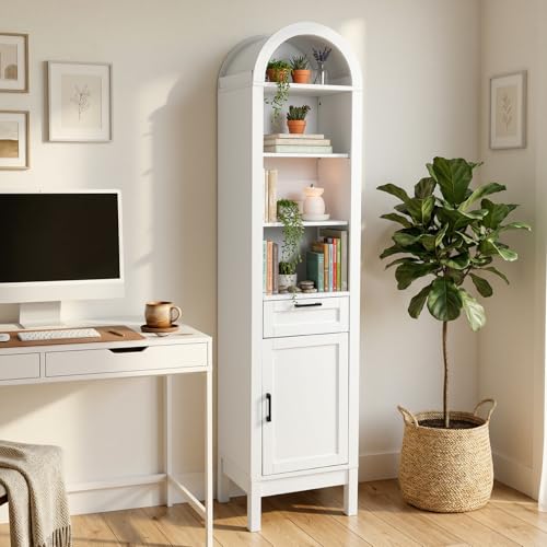 Narrow 71" Tall Wood Cabinet with Adjustable Shelves | Arched Storage Cabinet, 1 Door & 1 Drawer, Moisture-Resistant, Anti-Tipping, Sleek, Sturdy, Cam Lock, Space-Saving, - color: White, size: 17" W