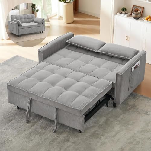 3 In 1 Corduroy Convertible Sofa Bed,Pull Out Couch Bed with Reclining Backrest And 2 Pillows, 54" Full Size Loveseat Sleeper Sofa Futon Couch Bed, Couches For Small Spaces, Living Room (Grey) - color: Grey