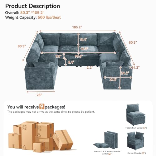 105" Blue Oversized Modular Storage Sofa, U Shaped Chenille Cloud Couch | Oversized Convertible Sectional Sofa, 8-Seat Sectional Couch With Armrests, Large Cloud Couch For Living Room, Apartment. - color: Blue, size: 105"U-Shape Sofa