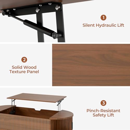 Oval Lift Top Coffee Table with Storage, 47.2" Mid Century Modern Fluted Coffee Table with Sliding Tambour Doors & Hidden Compartment, for Living Room Home Office, Walnut - color: Walnut Oval