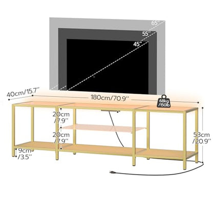 HOOBRO TV Stand with LED Lights and Power Outlets for TVs up to 75", Modern 70.9 Inch Tempered Glass TV Console Table with Open Shelves, Media Entertainment Center for Living Room, Gold GD185UDS01 - size: 70.9 Inch