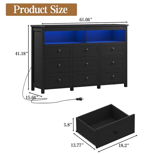 9 Drawer Dresser for Bedroom with LED Lights, Charging Station, Wood Chest of Drawers with Metal Handles, Modern TV Stand & Storage Organizer for Living Room, Hallway, Black - color: Black, style: LED 9 Drawers