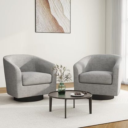 Swivel Barrel Accent Chair, Comfy Reading Armchair, Light Grey, Set of 2 | Club Chairs for Adults, Low-Back Design, Modern Round Style, Solid Wood Frame & Metal Swivel Base, For Living Room & Bedroom - color: Light Grey