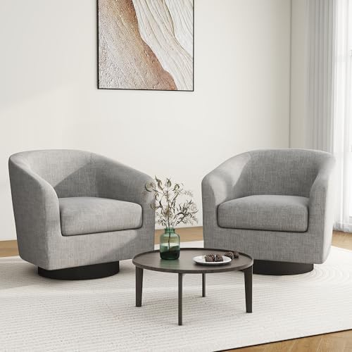 Swivel Barrel Accent Chair, Comfy Reading Armchair, Light Grey, Set of 2 | Club Chairs for Adults, Low-Back Design, Modern Round Style, Solid Wood Frame & Metal Swivel Base, For Living Room & Bedroom - color: Light Grey