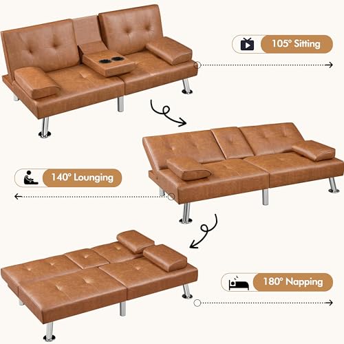 Yaheetech Convertible Futon Sofa Bed Loveseat with Cup Holder, Brown | 3 Angles Sofa, Recliner Chair, Bed, Compact Faux Leather Love Seat for Living Room, Guest Room, Dorm, Small Apartment - color: Brown