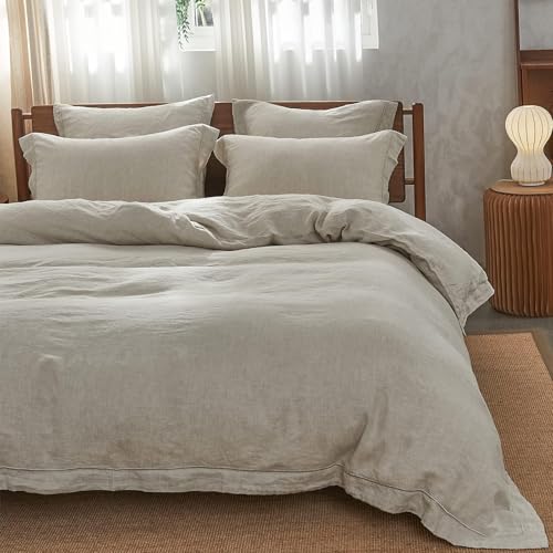Simple&Opulence 100% Linen Duvet Cover Set with Embroidery Border Washed - 2 Pieces (1 Duvet Cover & 1 Pillow Sham) with Button Closure Soft Breathable Farmhouse - Linen, Twin Size - color: Linen, size: Twin
