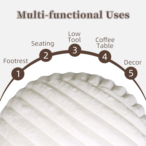 Round Unstuffed Pouf Ottoman Cover Soft Footstool, White | Cover Only, 20x20x8 In, Soft Short Plush, Ribbed Texture, Modern Style, Living Room, Bedroom, Reading Nook - color: White