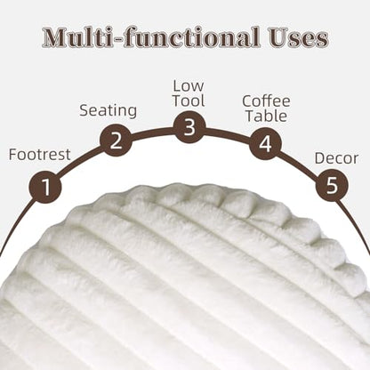 Round Unstuffed Pouf Ottoman Cover Soft Footstool, White | Cover Only, 20x20x8 In, Soft Short Plush, Ribbed Texture, Modern Style, Living Room, Bedroom, Reading Nook - color: White