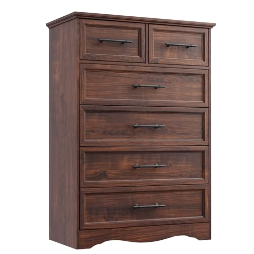 YANSNWO Walnut 6 Drawer Dresser for Bedroom, 44" Tall Chest of Drawers | Brushed Metal Handles, Unique Base Design, Replicated Wood Grain Finish, Modern Farmhouse for Bedroom/Living Room/Hallway - color: Walnut, size: 15.7"D x 31"W x 44.3"H (6 Drawers)