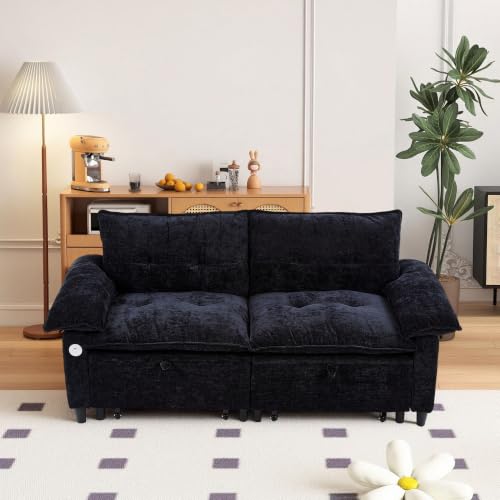 73" Plush Velvet Convertible Loveseat Sleeper Sofa Bed, Loveseat Convertible with Hidden Mattress, Sofa Bed Couch Simple Assembly for Small Apartment and Guest Space, Black - color: Black